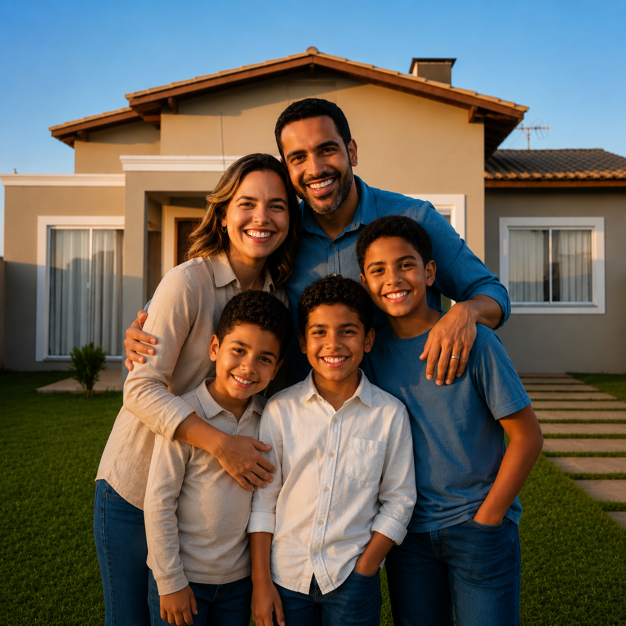 Família brasileira em frente à casa nova conquistada com consórcio